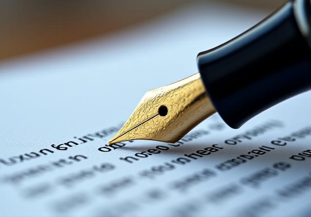 Close up of a professional fountain pen resting on a meticulously drafted legal contract