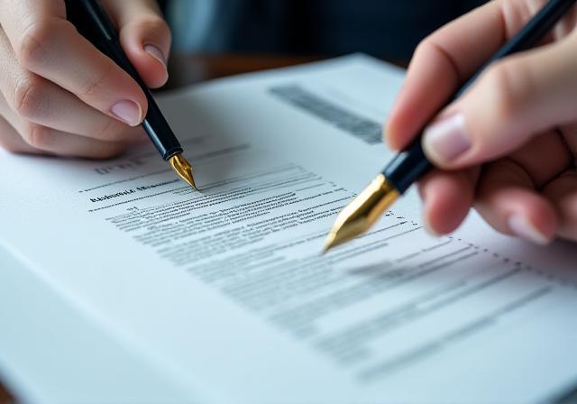 Professional lawyer reviewing a complex business contract with a fountain pen